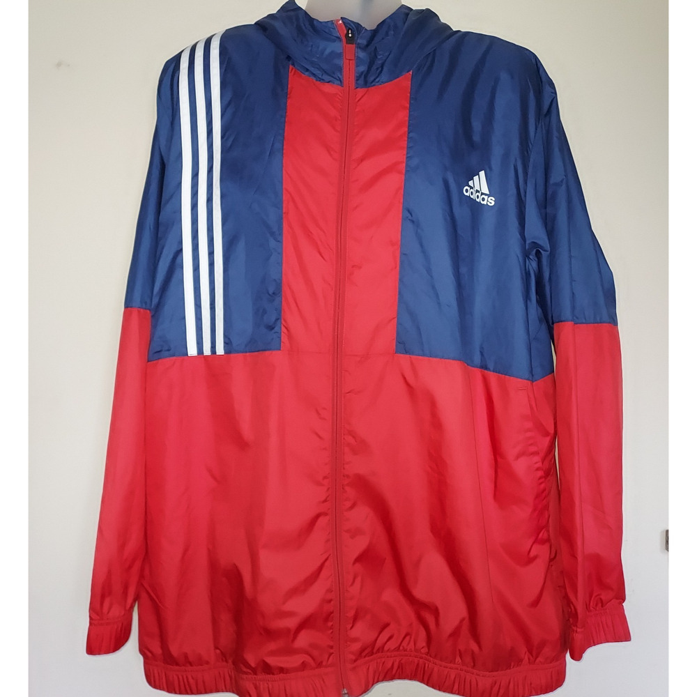 Adidas Men's Hooded Jacket 2XL Windbreaker Full Zip Outdoors Athletic Red Blue